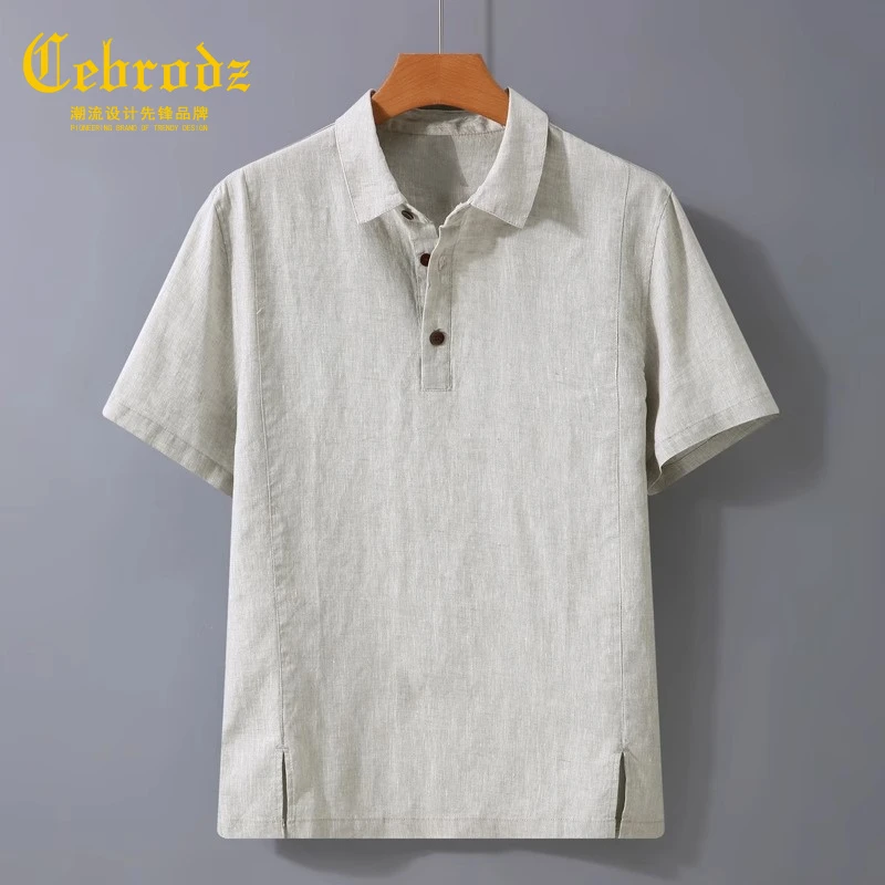 法国Cebrodz高档纯亚麻翻领短袖T恤宽松Polo衫100%全麻百搭体恤衫