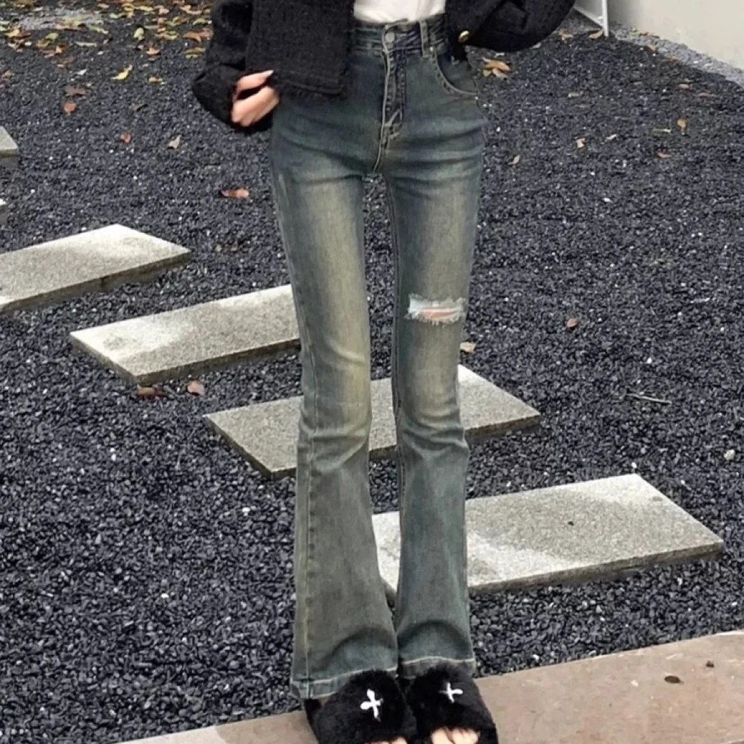 7769#早春复古做旧破洞微喇高腰显瘦牛仔裤女适合高个子