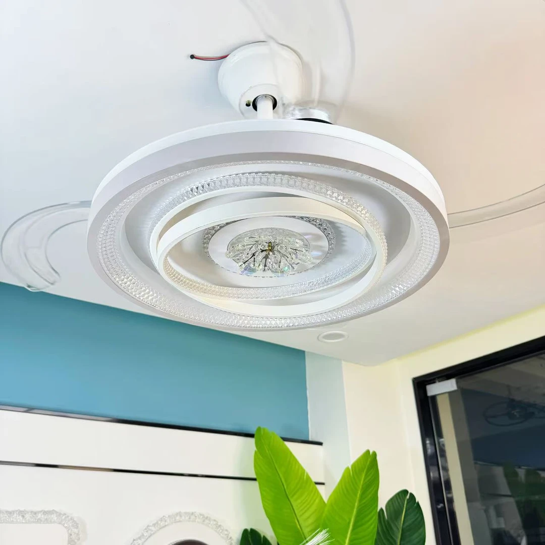 新款水晶圆形语音隐形风扇灯吊扇灯餐厅卧室客厅灯可语音带遥控