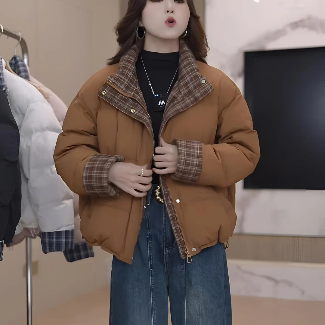 极简风格子短款女白鸭绒羽绒服立领加厚保暖秋冬拼接