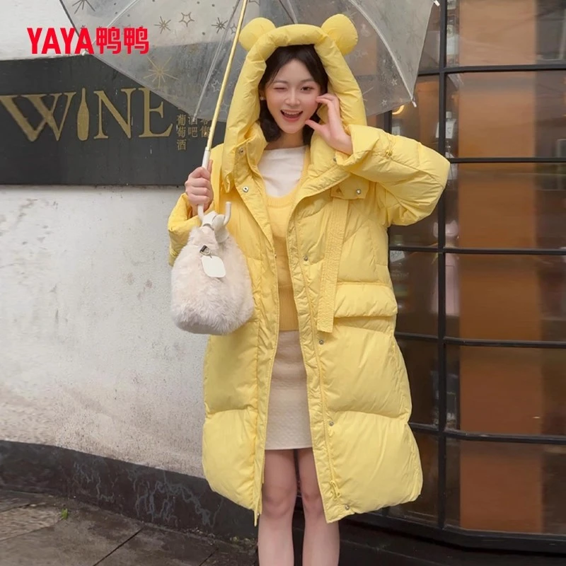 鸭鸭减龄中长款羽绒服女2025冬季新款时尚连帽韩版保暖羽绒防寒服