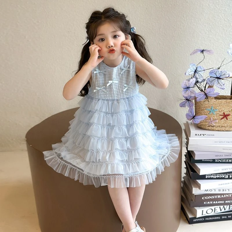 女童背心裙夏季新款洋气宝宝蝴蝶结蛋糕裙韩版儿童生日蓬蓬公主裙