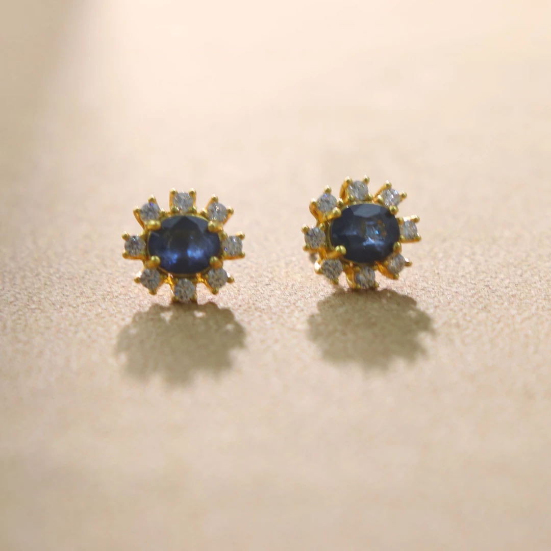 s925天然宝石蓝宝石耳钉太阳