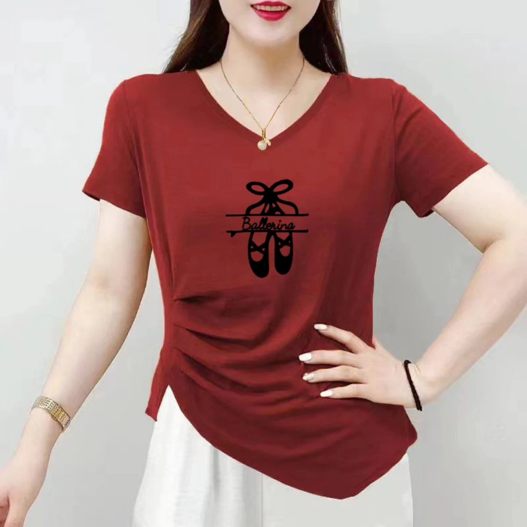 2025新款夏装女士V领t恤短袖不规则洋气上衣修身褶皱小众女装体恤