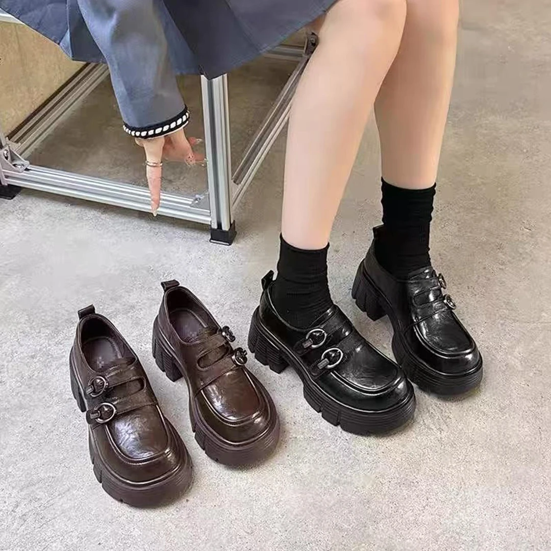 英伦风厚底小皮鞋2025春季新款魔术贴双扣乐福鞋增高显瘦单鞋