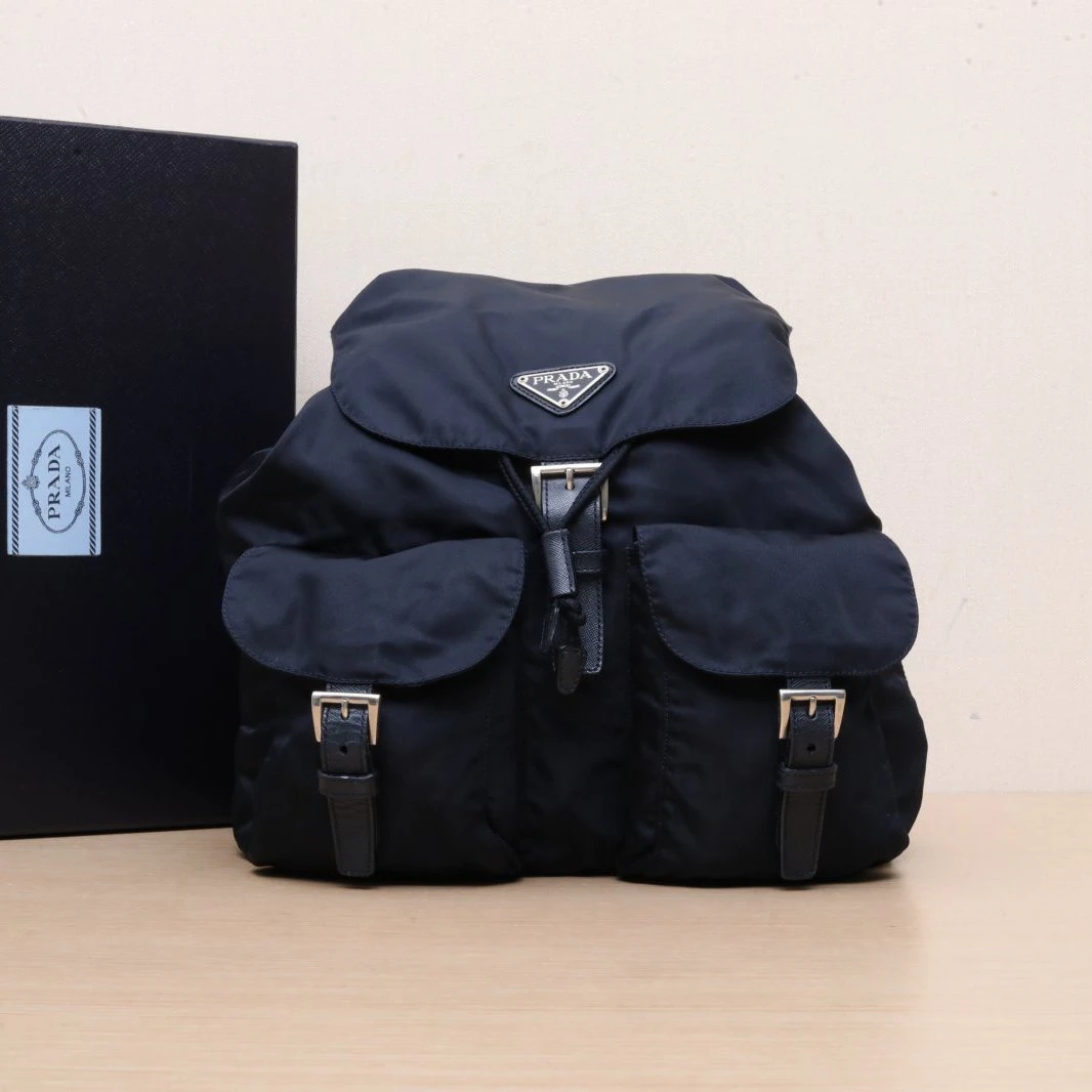 95新 Prada/普拉达 【黑黑】蓝黑 尼龙 降落伞 双肩包