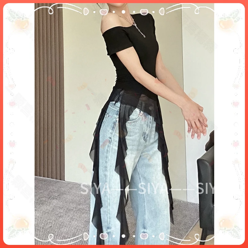 女荷叶边小众御姐风显瘦甜辣拼接上衣长袖不规则T恤斜肩苏江鸟潮