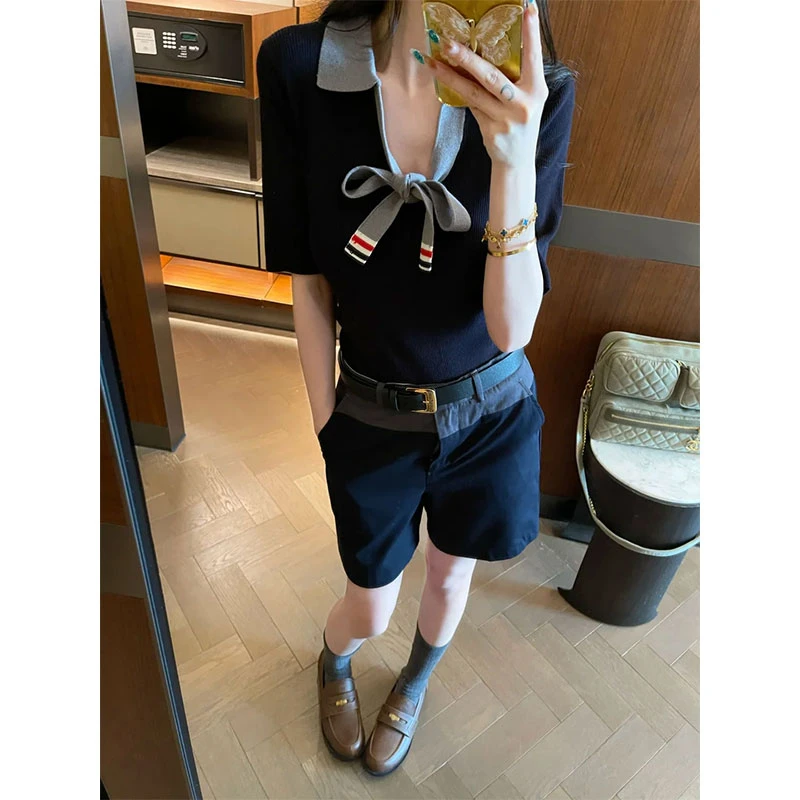2025年夏季新款chic网红学院风撞色蝴蝶结针织上衣女配休闲中裤