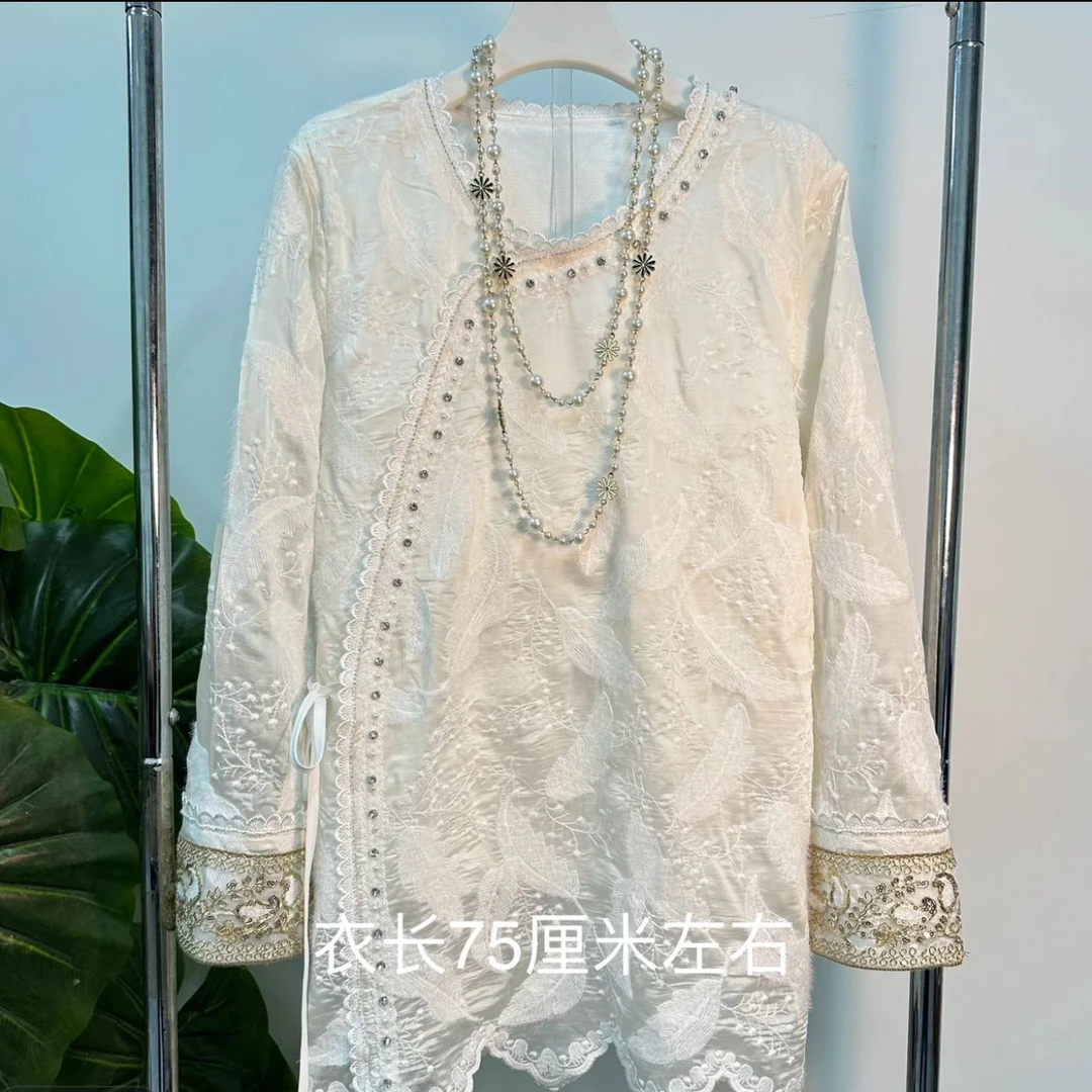 大码胖MM新中式重工国风蕾丝刺绣上衣