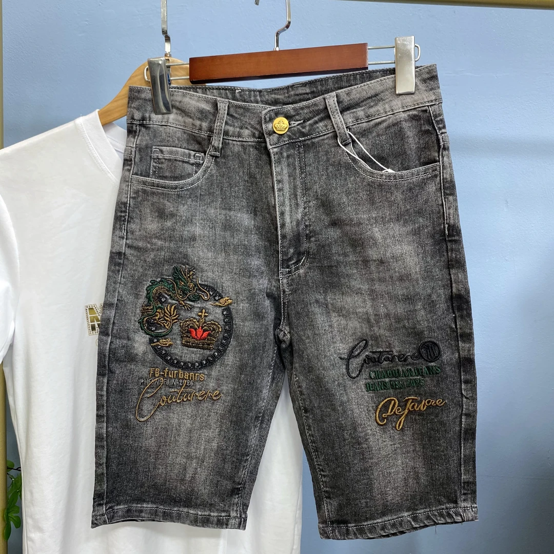 高端欧货潮牌重工刺绣补丁牛仔短裤男士印花中裤休闲外穿五分裤男