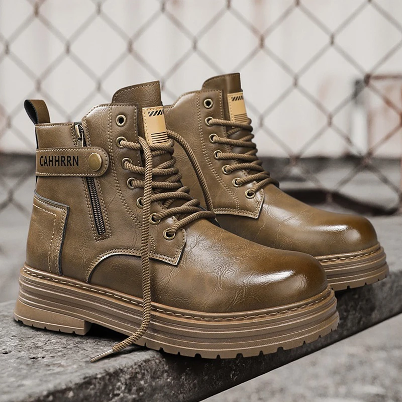 男士休闲百搭复古潮流英伦风秋冬冬季时尚真皮厚底加绒高帮秋季