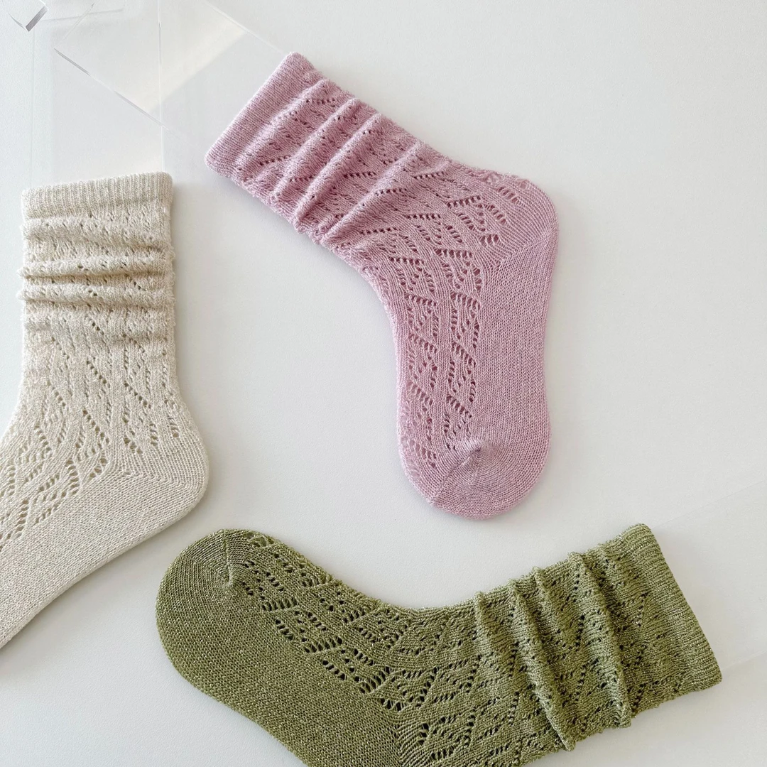 春季女童纯色镂空棉袜韩风INS风中筒亮丝移圈