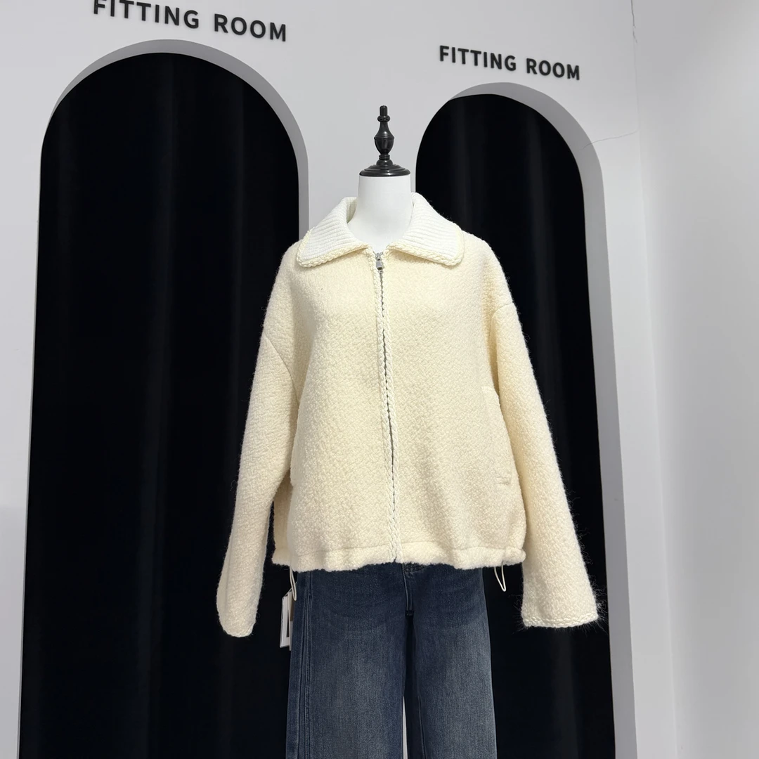 上衣女白色短外套短款翻领不起球米色韩版韩系拉链