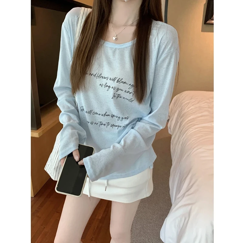 2025夏季款慵懒时尚休闲印花罩衫宽松大领口T恤女微透长袖上衣