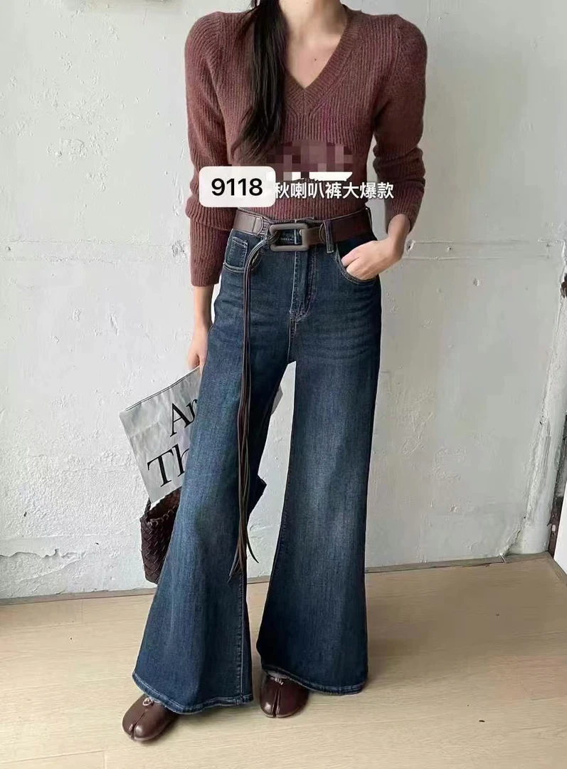 MV韩系显瘦牛仔微喇裤搭配腰带9118