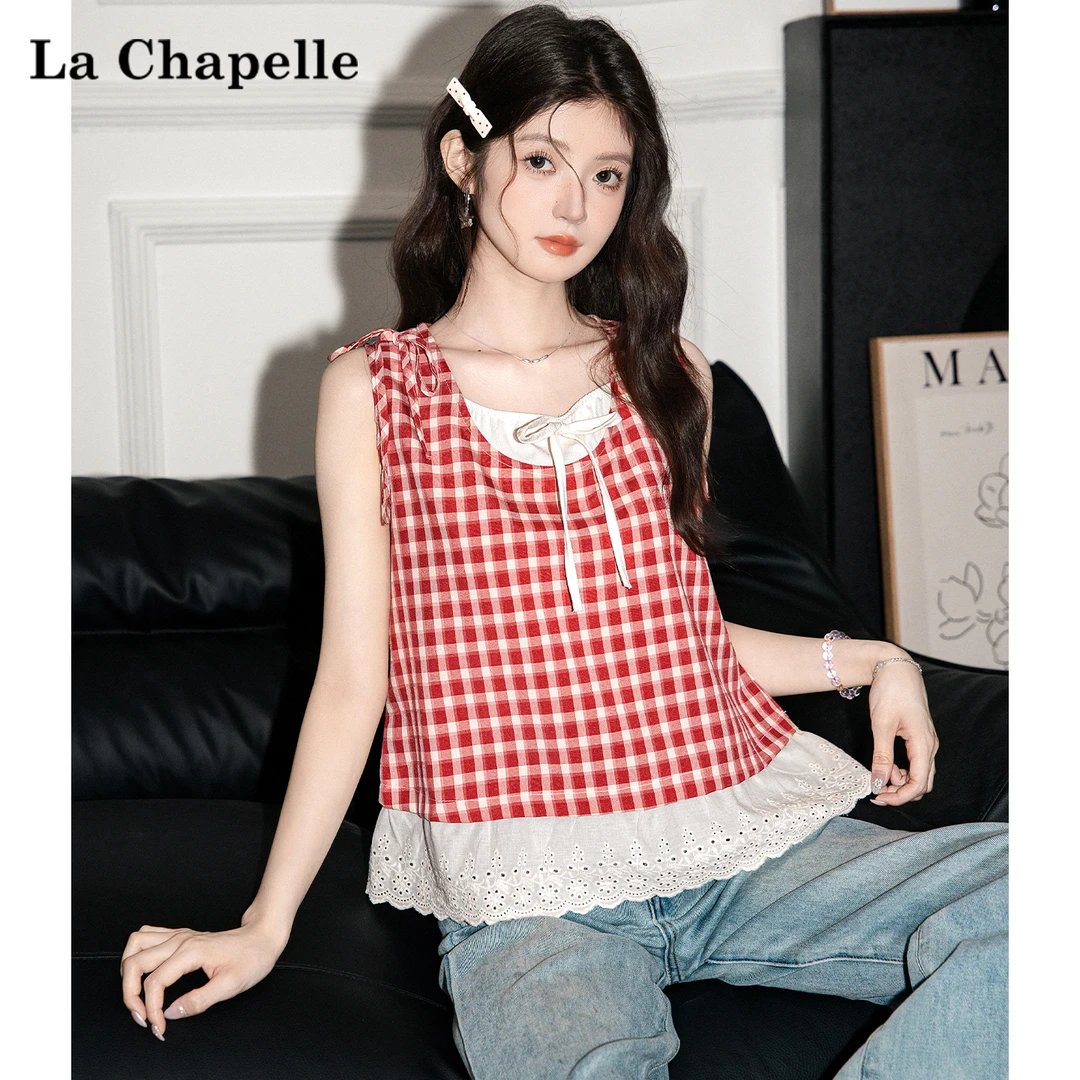 拉夏贝尔韩版格子无袖吊带背心女夏季纯欲宽松显瘦百搭假两件上衣