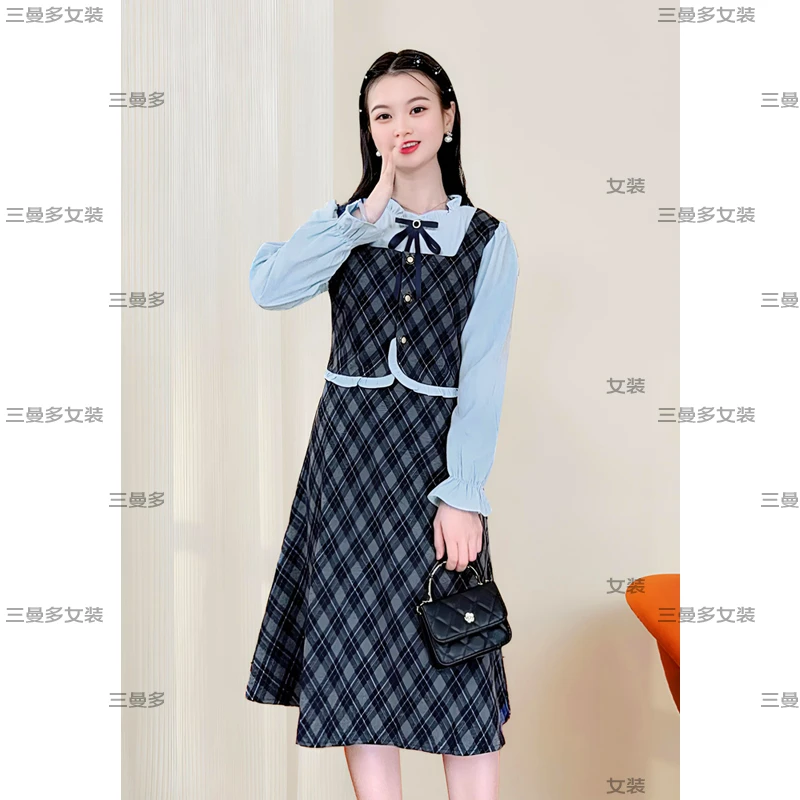 ASY/2025秋季蝴蝶结裙子【小个子】显瘦假两件韩范格子连衣裙