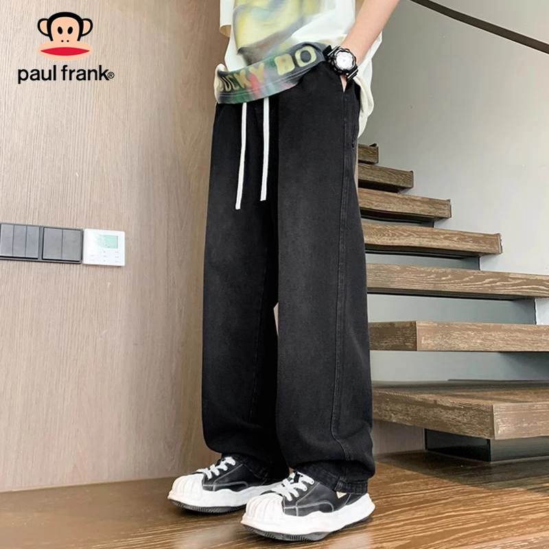 PaulFrank/大嘴猴黑色抽绳直筒牛仔裤男士春季2024美式潮牌直筒裤