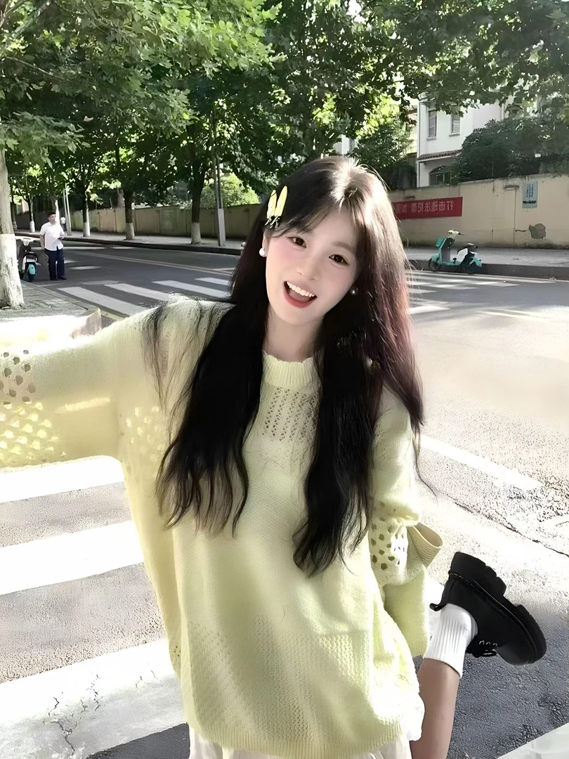 韩系镂空钩花长袖针织衫女2025早秋新款慵懒风清新绿简约百搭毛衣