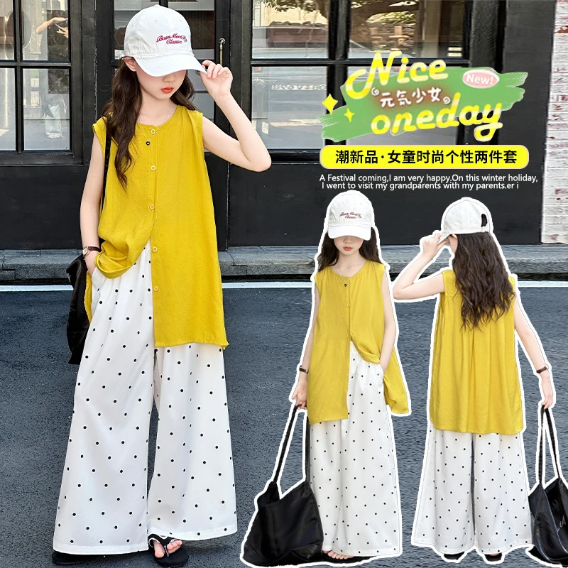 女童夏季甜美无袖纯色衬衫套装中大童女孩轻薄休闲波点裙裤两件套