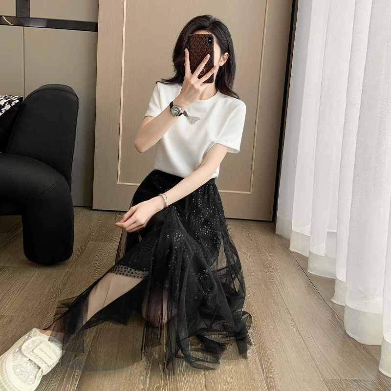 盐系轻熟时尚套装裙女夏季2025新款气质短袖T恤网纱半身裙两件套