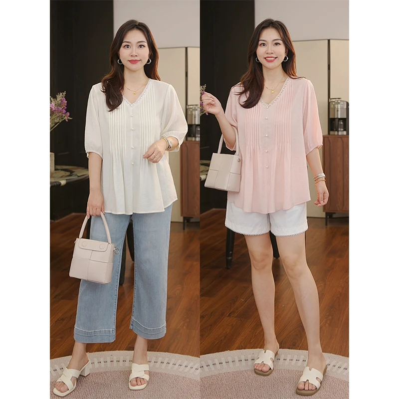 【猫猫】玉色流褶 气质花边V领衬衫女夏季宽松洋气捏褶上衣 MC5852