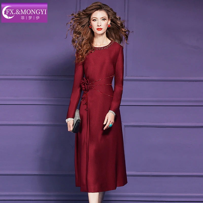 菲梦伊立体钉珠红色连衣裙女秋装法式轻熟本命年结婚礼服67190