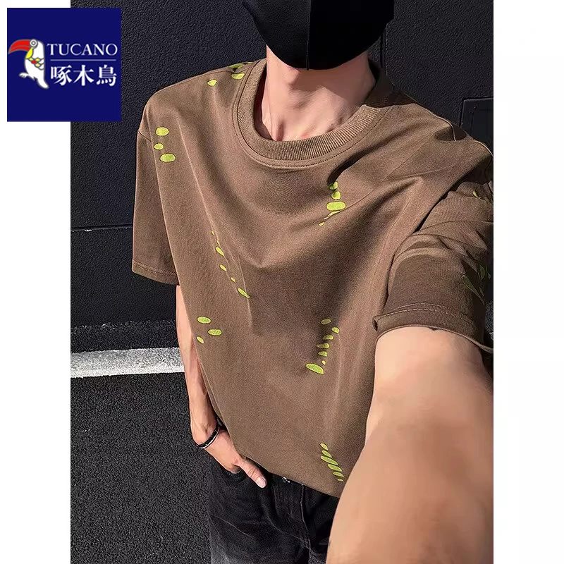 啄木鸟美拉德漆点破洞短袖男春季穿搭设计感正肩t恤潮牌美式半袖