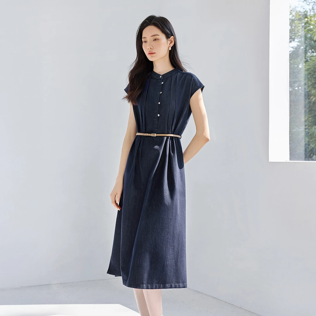 IHIMI/海谧气质复古显瘦25夏款立领衬衫式直身型牛仔连衣裙6339