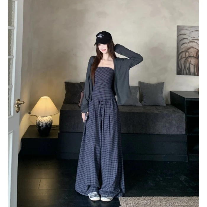 修身显瘦格子抹胸背心阔腿长裤长袖针织开衫女2025秋季时尚套装潮