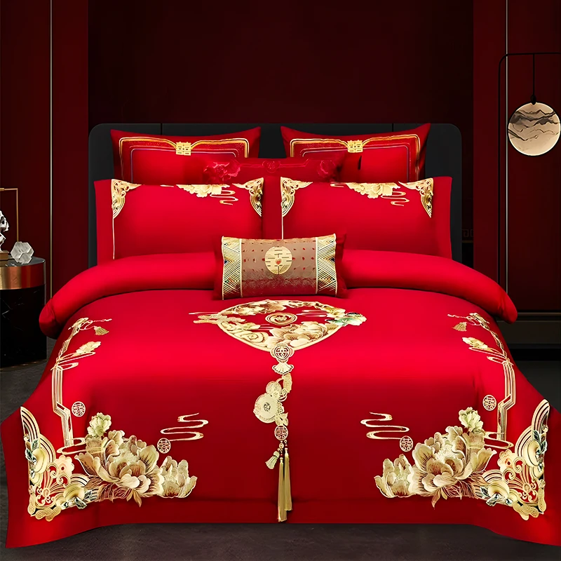 [繁花似锦]高端全棉大红四件套 重磅刺绣婚房四件套 花开富贵JF