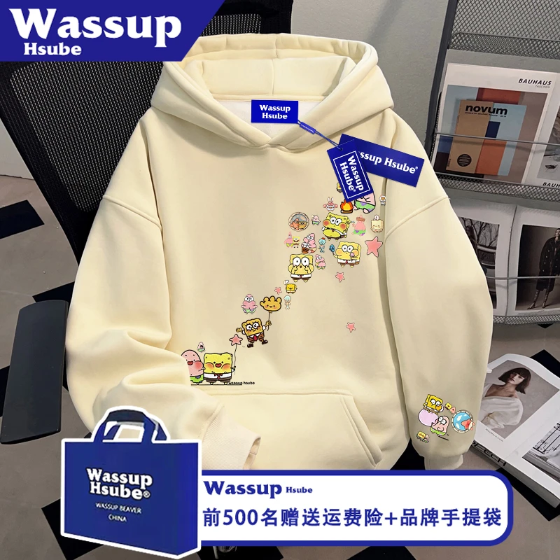 WASSUP HSUBE秋冬季韩系男女款套头杏色上衣海绵宝宝印花连帽卫衣