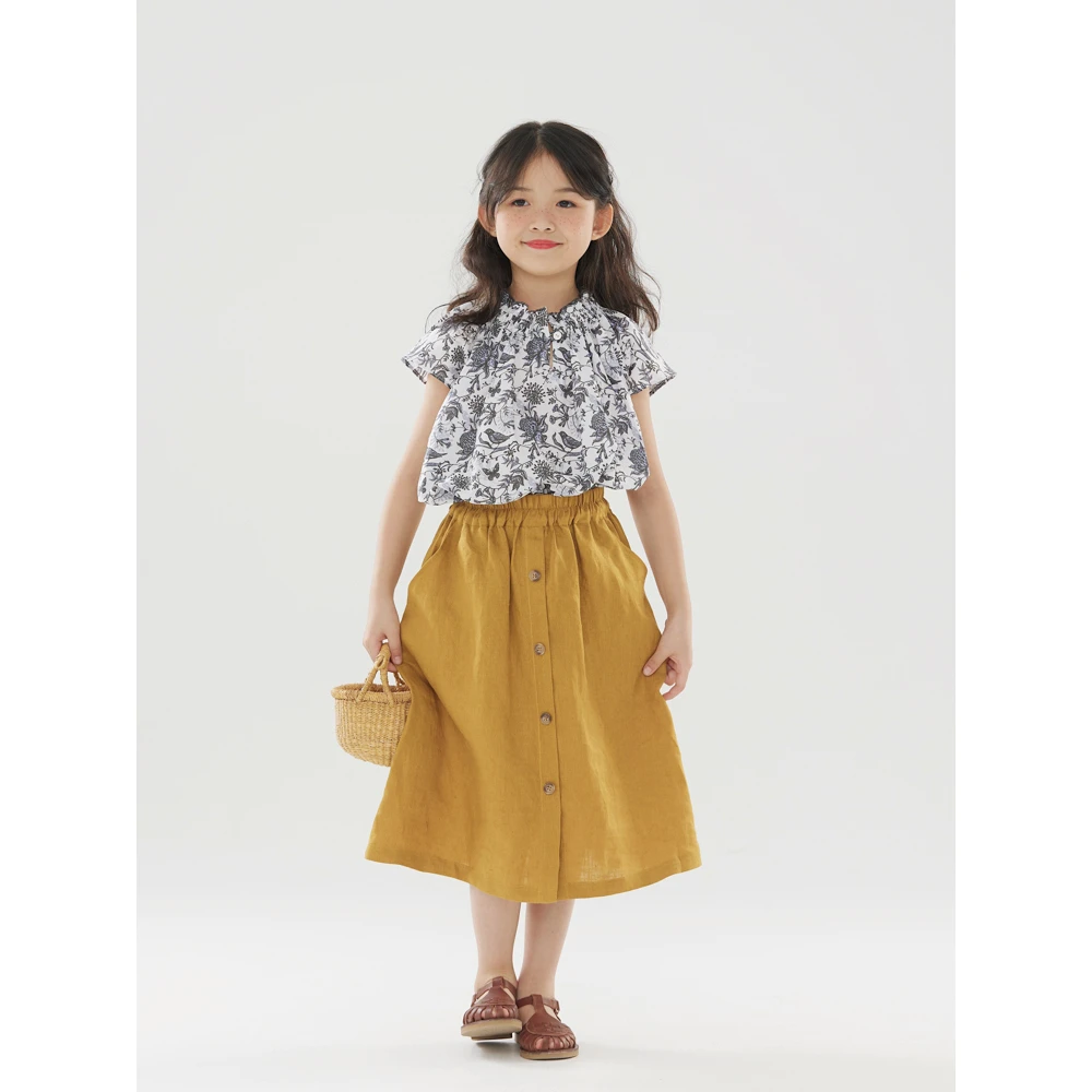 OLAMIMI亲子简约田园风森系亚麻单排扣芥末黄A字裙半裙