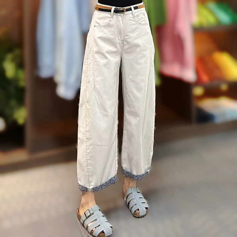 夏季新款韩版时尚高腰牛仔裤女士宽松百搭九分裤潮流气球裤纯色薄