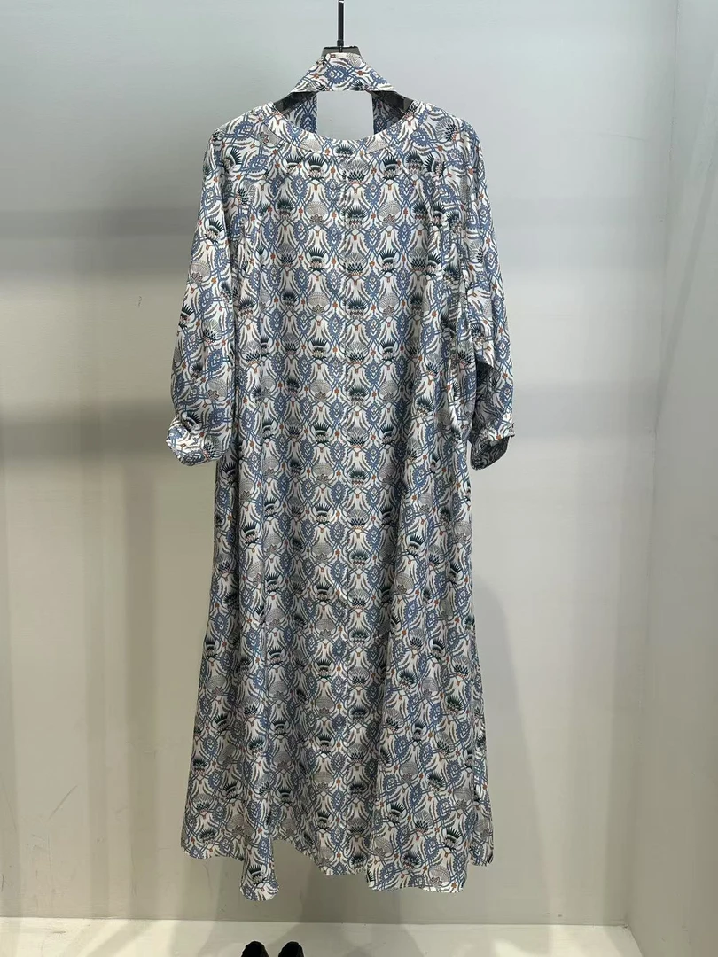 度假风 蓝色花纹 法式高级感100%真丝连衣裙141-TX24049