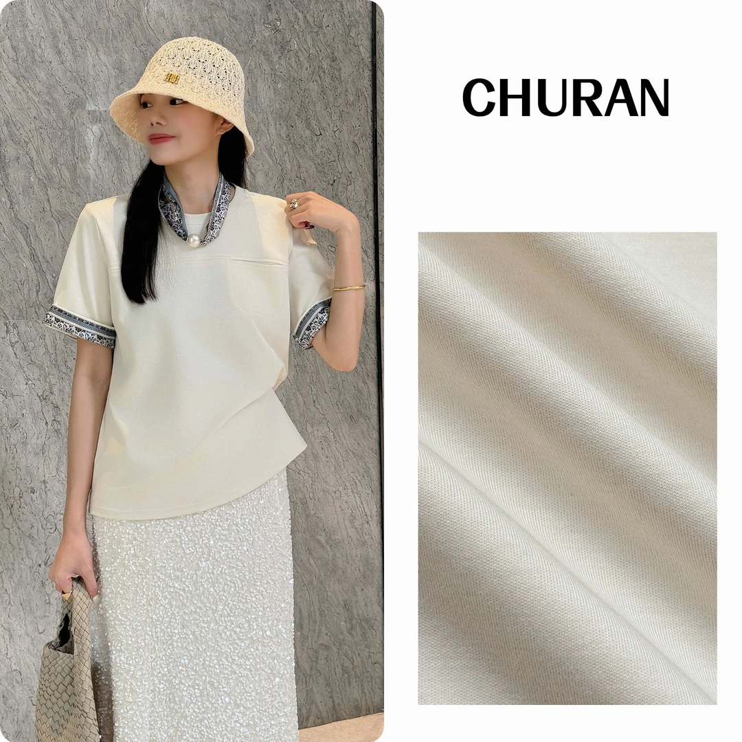 U.V.Y新款国风短袖T恤带丝巾袖口青花设计显瘦宽松中长款气质