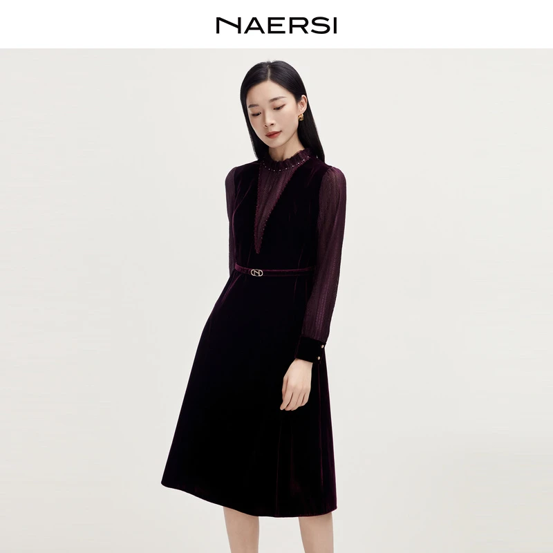 娜尔思连衣裙显瘦气质长袖时尚黑色复古秋冬拼接NF09153Q7