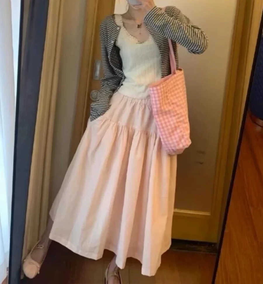 小香风气质条纹开衫女早春2025新款修身显瘦百搭粉色半身裙套装女