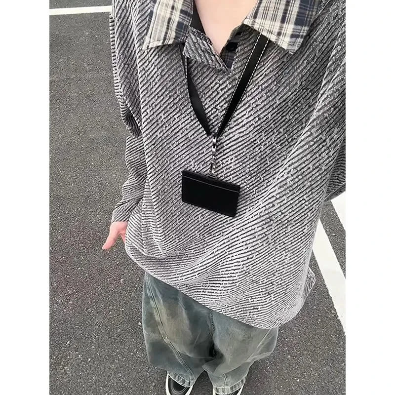 深灰色雪尼尔粗毛呢polo卫衣男秋季美式重磅长袖t恤小香风针织衫