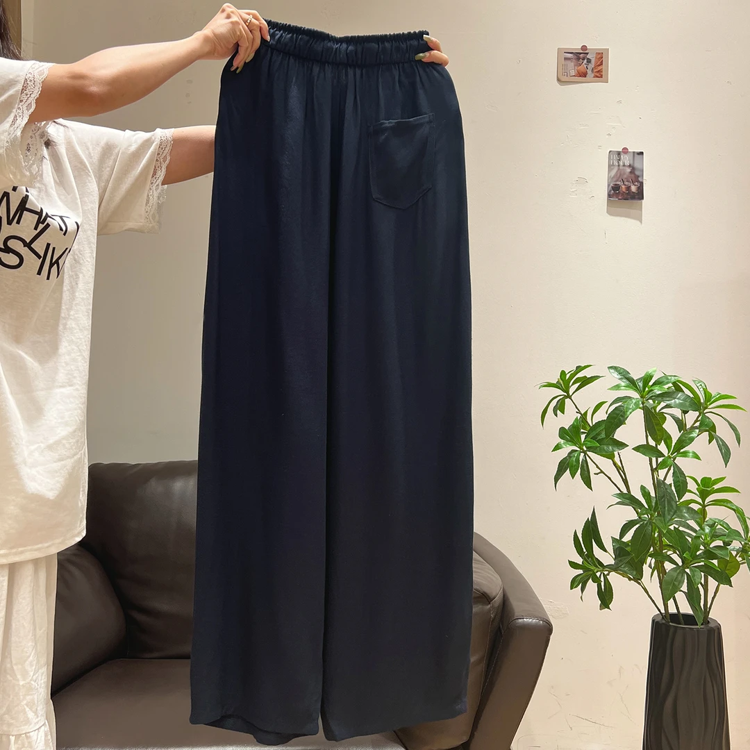 藏青色松紧腰休闲裤女小个子高腰显瘦抽绳垂坠感百搭阔腿裤设计感