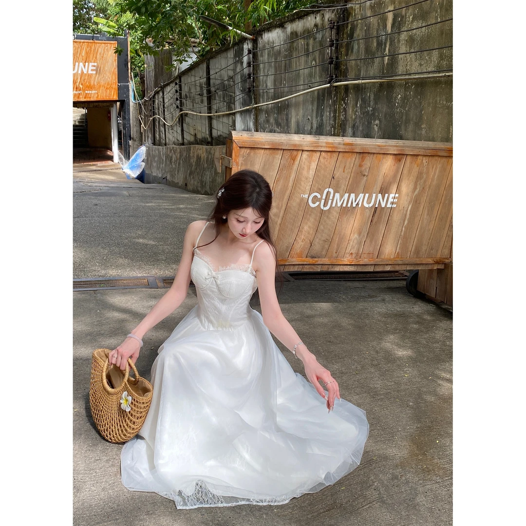 GA盈瓷小个子网纱白色蕾丝吊带春夏温柔长款连衣裙 25SS0181