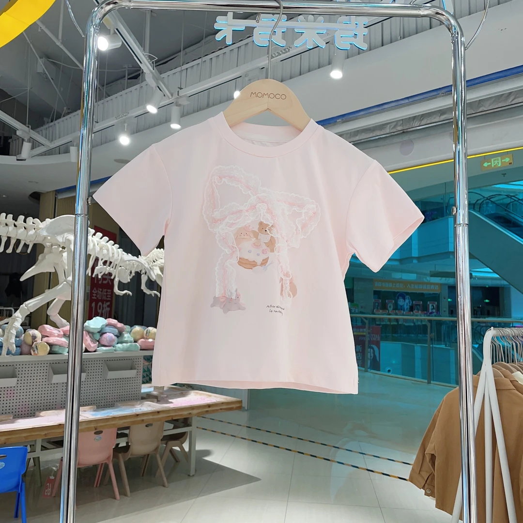 MOMOCO一秒入夏女童新款甜美花边蝴蝶结T恤休闲百搭77630235051
