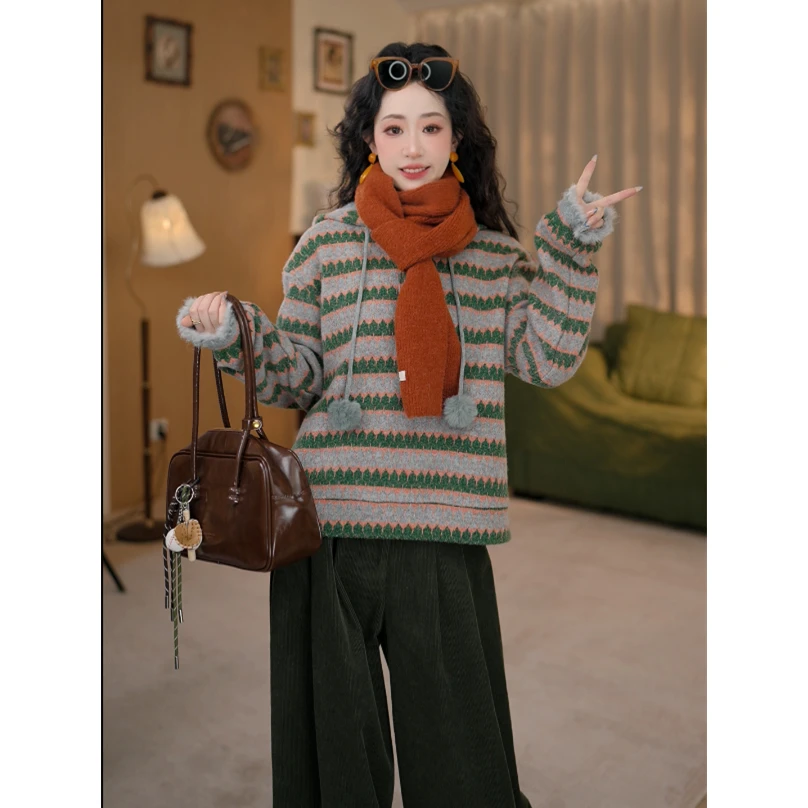 知栀【一抹焦糖】复古港风加厚连帽卫衣宽松上衣ZJ1689552