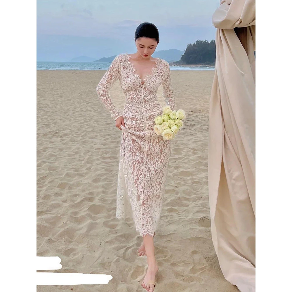 Beauty私服早秋新款女装气质绝美显身材收腰白蕾丝长袖连衣裙子