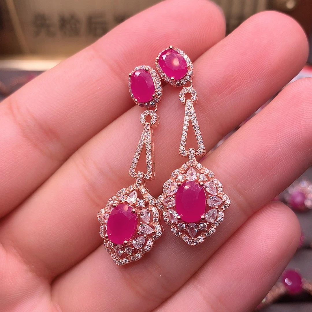 红宝石耳饰银S925镶嵌