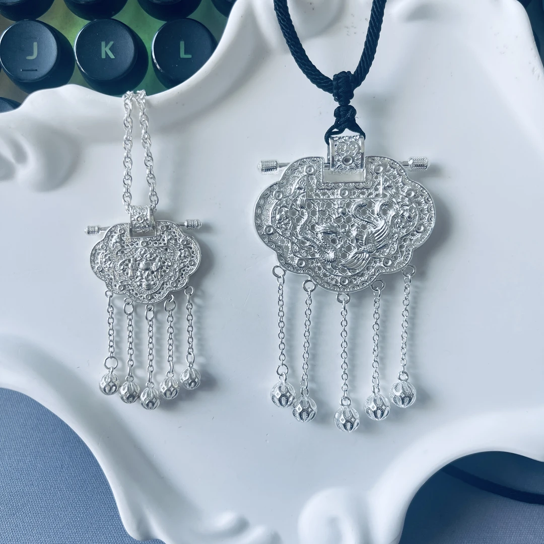 坠链均足银 足银999天子门生银锁新中式复古银色长款百搭项链吊坠