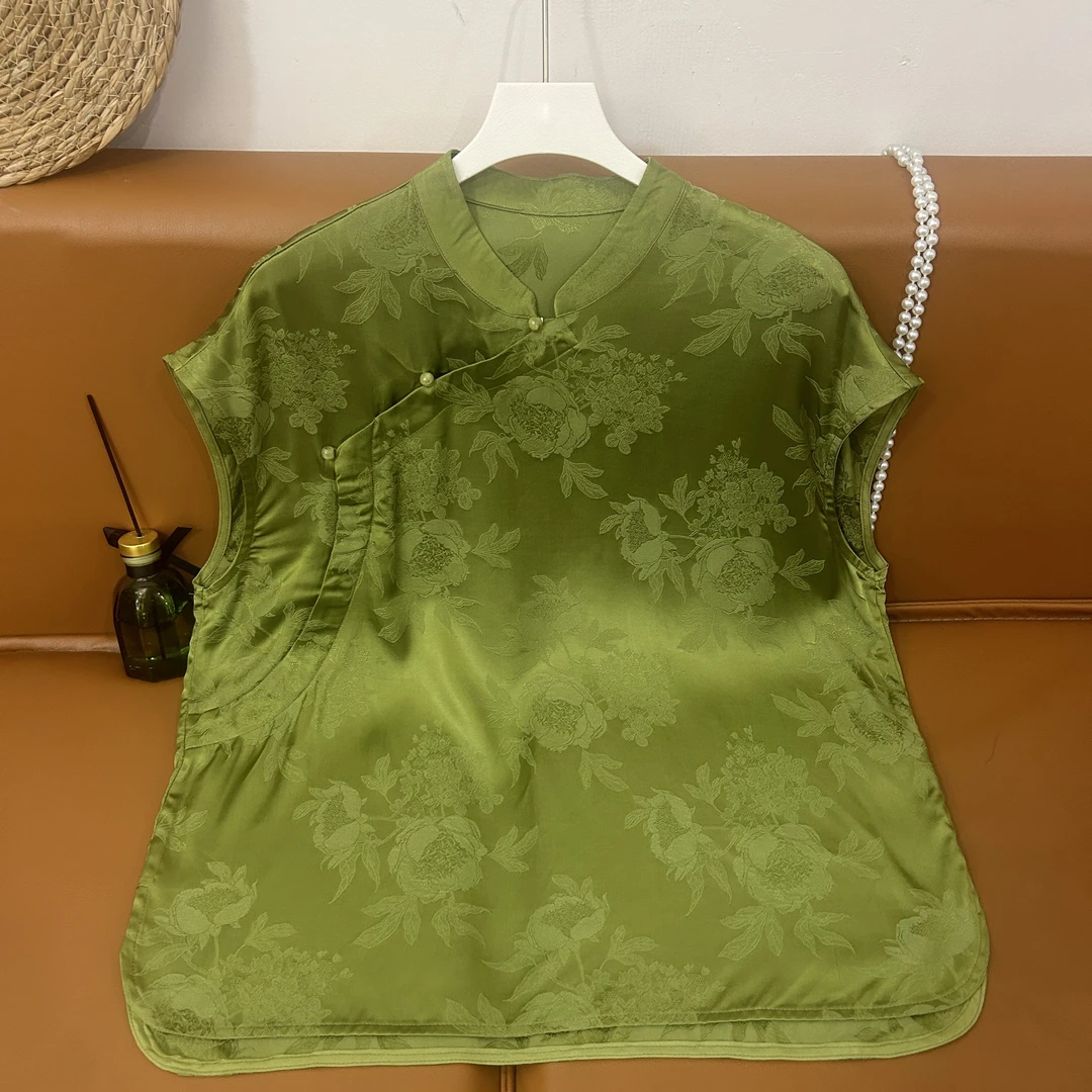 高端设计人丝缎小飞袖衬衫新中式国风印花短袖上衣改良版茶服唐装