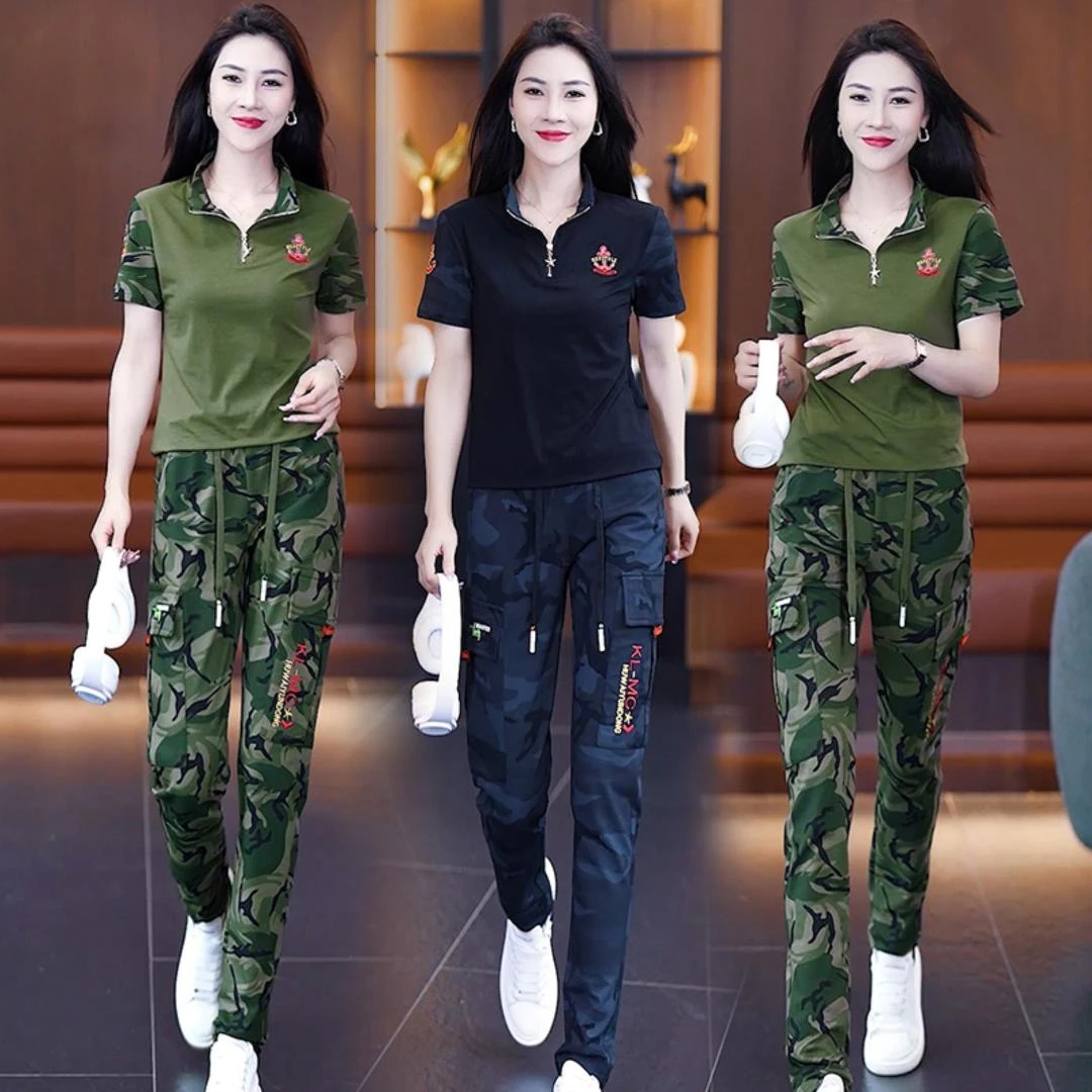 帅气迷彩服女装短袖T恤休闲工装长裤套装夏季新款显瘦运动两件套