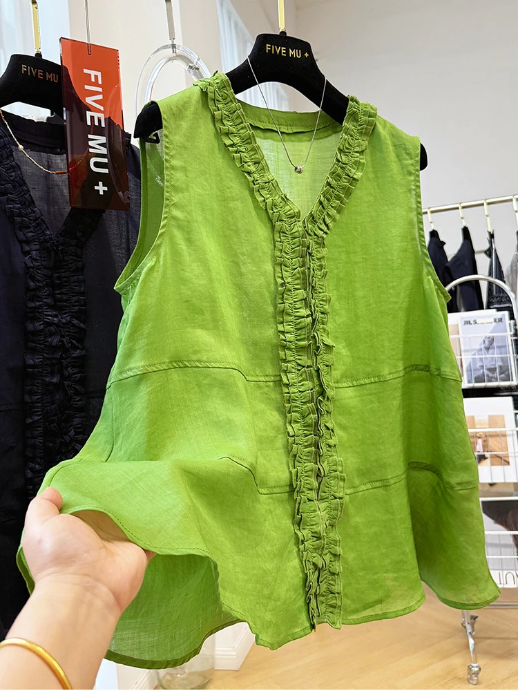 高级感重工木耳边马甲背心女夏季外穿超好看苎麻无袖坎肩V领上衣