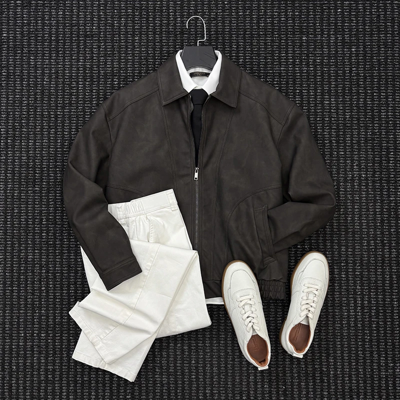 MIGSIMHE·美式复古高级感翻领皮衣男士时尚休闲痞帅皮夹克外套